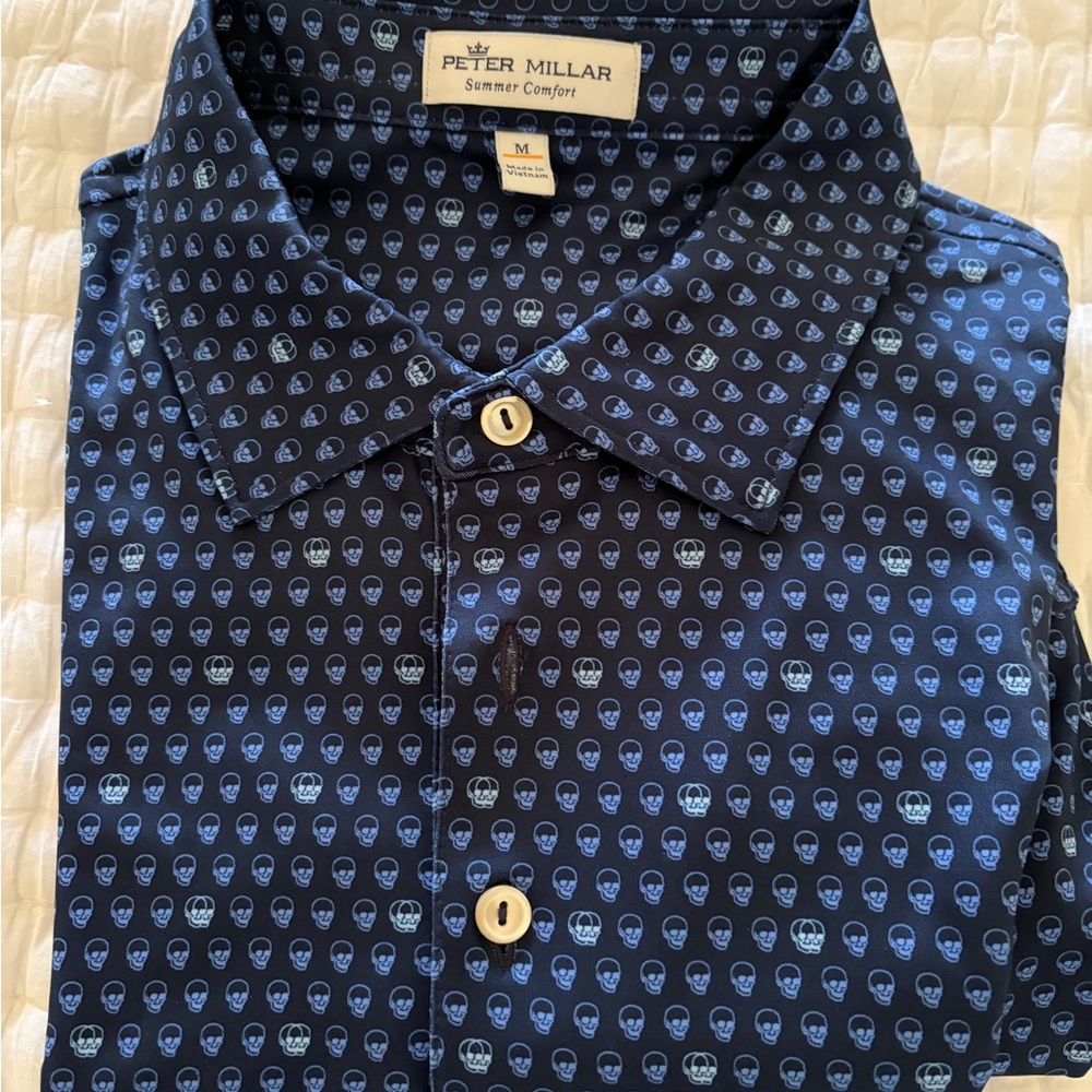 TWO Peter Millar Navy and Light Blue Skull Print Shirt